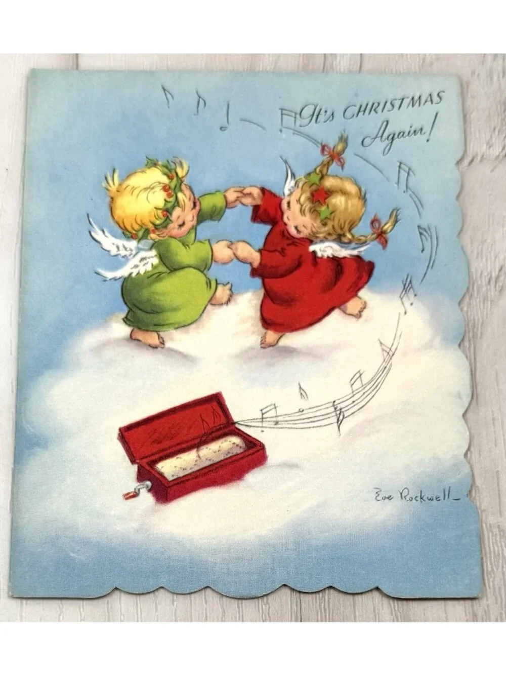 VTG UNUSED Christmas Card Artist EVE ROCKWELL Cheerie Cherubs Music Box CC109